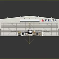 Passenger Airliner in Maintenance Hangar with Yellow Ladders Equipment and Metal Structure Lighting