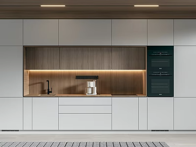 Modern Kitchen Interior With White Cabinets Wooden Accents And Built in Oven 3d model