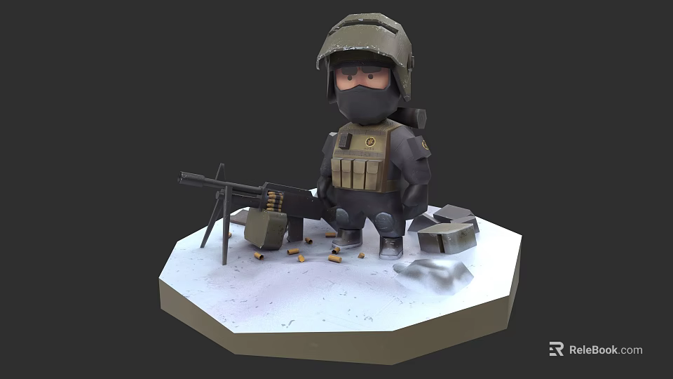 Cartoon Style Military Machine Gun With Soldier Helmet Tactical Vest Magazines And Ammunition 3d model 