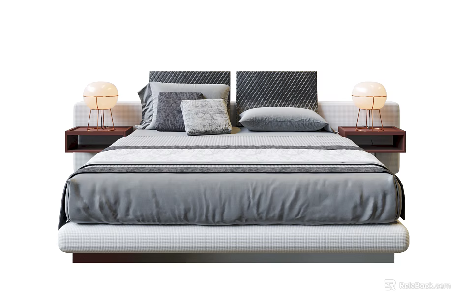 Modern Double Bed with Gray Bedding Bedside Tables and Table Lamps 3d model