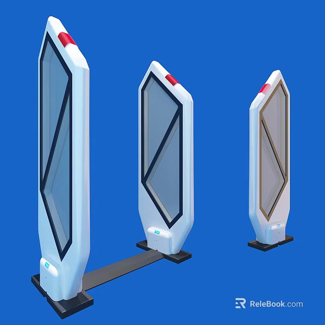 Public Facility Security Gates With Transparent Panels Red Indicator Lights And Black Bases 3d model 