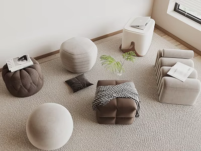 Upholstered Round Stools in Gray Brown for Cozy Living Area with Carpet Plant Magazines 3d model