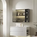 Modern Bathroom Vanity With White Countertop Gold Faucet Mirror Cabinet And Shelves