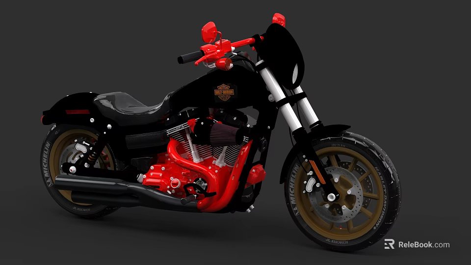 Black And Red Harley Davidson Motorcycle With Classic Design Red Handlebars And Gold Wheels 3d model 