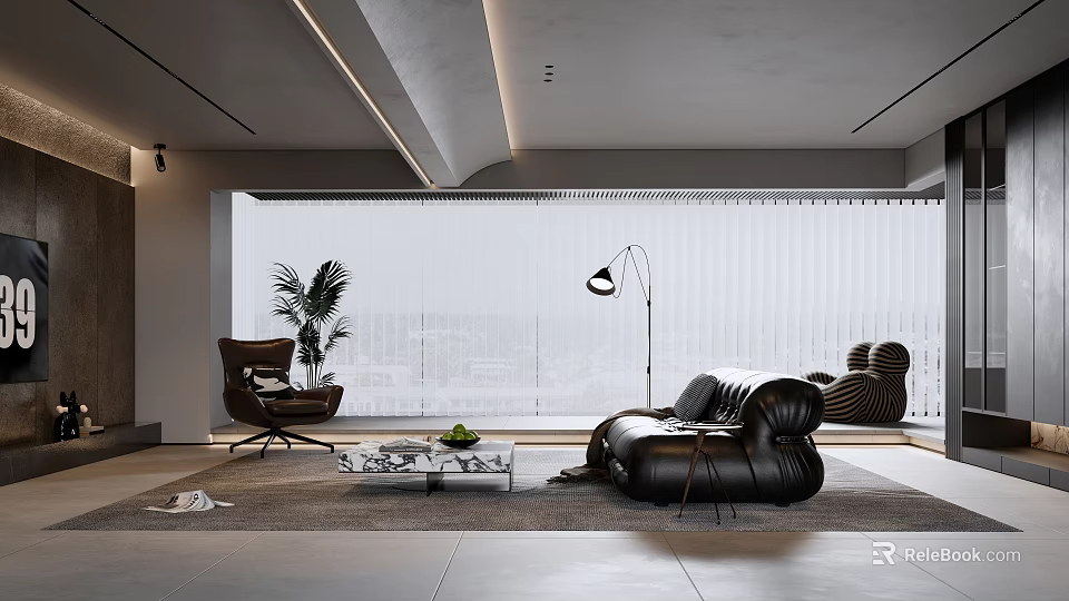 Modern Living Room Interior With Black Leather Sofa Coffee Table Floor Lamp And City View 3d model 