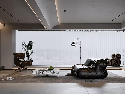 Modern Living Room Interior With Black Leather Sofa Coffee Table Floor Lamp And City View 3d model