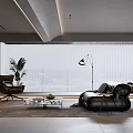 Modern Living Room Interior With Black Leather Sofa Coffee Table Floor Lamp And City View