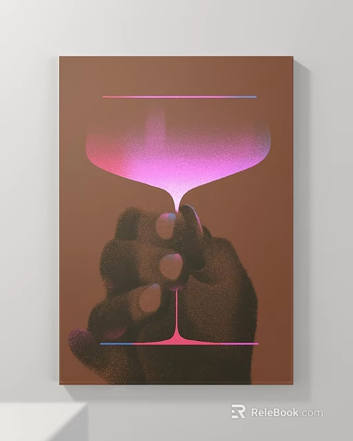 Abstract Painting Of Dark Hand Holding Pink Purple Gradient Wine Glass Brown Background Line Decorations 3d model 