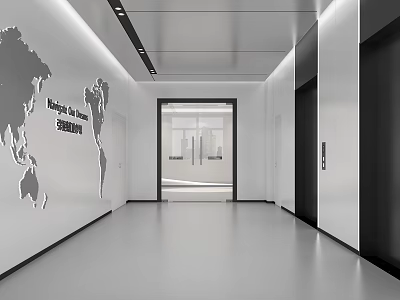 Elevator Lobby with Modern Design World Map Building the Future Text and Ceiling Light Strips 3d model