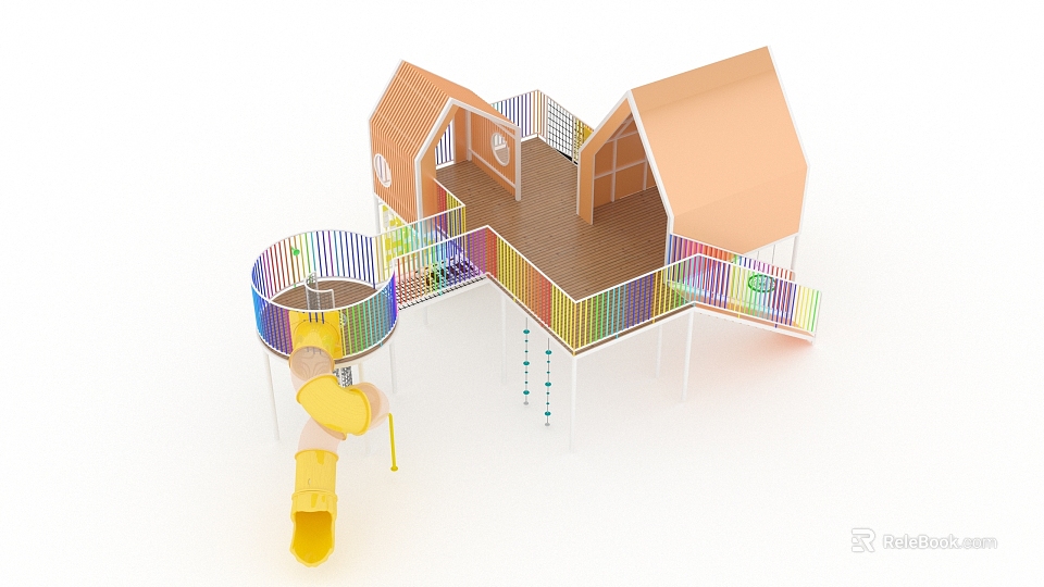 Playground Equipment With Orange Roofs Colorful Railings Yellow Slide And Climbing Ropes 3d model 
