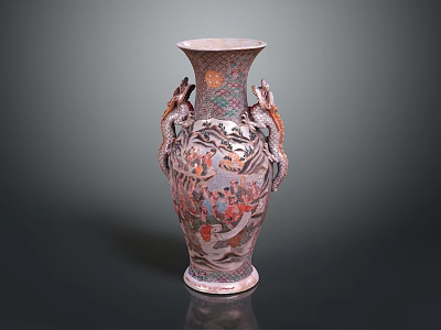 Traditional Ceramic Vase With Dragon Handles And Intricate Painted Design For Home Decor 3d model