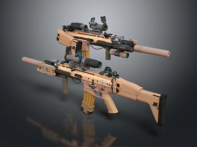 Modern Tactical Rifles With Tan Finish Tactical Scopes Accessories And Military Design 3d model