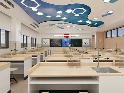 School Science Laboratory With Lab Tables Sinks Blackboard And Starry Ceiling Design 3d model
