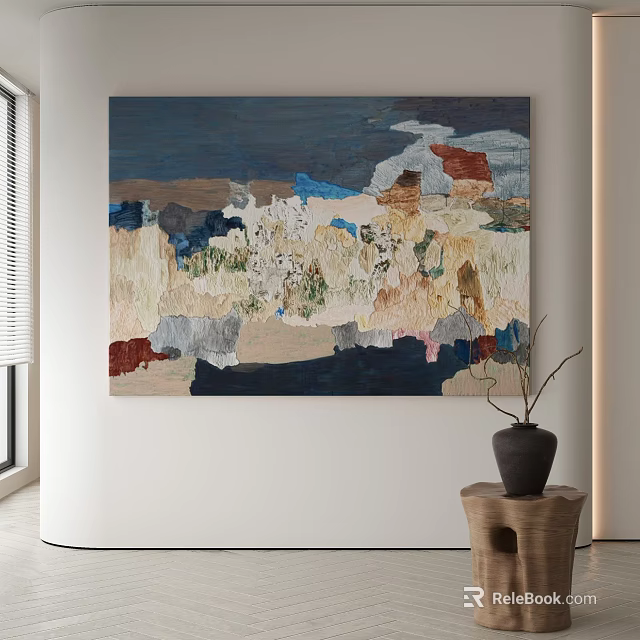 Modern Abstract Painting With Vibrant Layered Colors And Textured Composition In Minimalist Interior 3d model 