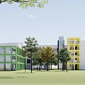 Modern School Building With Green Yellow White Facades Large Glass Windows And Trees
