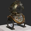 Vintage Brass Firefighting Equipment Helmet With Metal Frame Display On Marble Stand