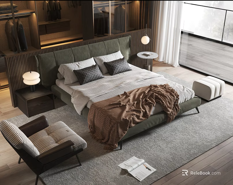 Modern Bedroom Interior With Green Bed Frame Nightstand Armchair Cozy Blanket And Window 3d model 