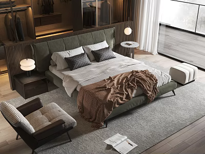 Modern Bedroom Interior With Green Bed Frame Nightstand Armchair Cozy Blanket And Window 3d model