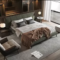 Modern Bedroom Interior With Green Bed Frame Nightstand Armchair Cozy Blanket And Window
