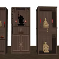 Traditional Chinese Wooden Buddhist Shrine Cabinet With Gold Statues Lit Candles And Classic Design