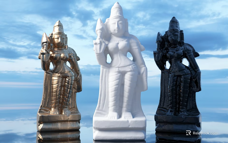 Exquisite Deity Sculptures in Gold White Black with Traditional Attire and Handheld Objects 3d model 