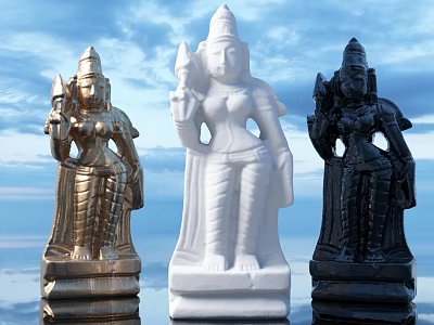 Exquisite Deity Sculptures in Gold White Black with Traditional Attire and Handheld Objects 3d model