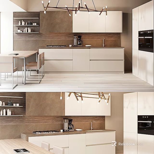 Modern Kitchen Interior With White Cabinets Wooden Countertop And Appliances 3d model 