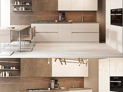 Modern Kitchen Interior With White Cabinets Wooden Countertop And Appliances 3d model