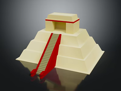 Step Pyramid Structure Featuring Multiple Stepped Levels And Red Staircase Leading To Top Platform 3d model