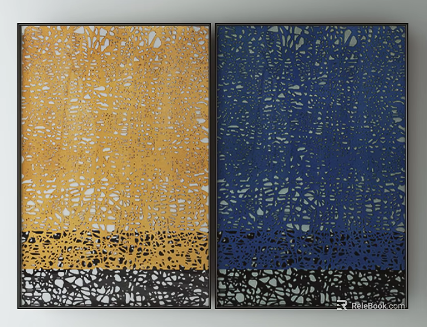 Two Panel Yellow And Blue Abstract Decorative Wall Art With Textured Geometric Patterns 3d model