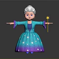 Cartoon Senior Woman in Blue Starry Dress with White Hair Holding Golden Star Wand