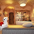 Cave Style Hotel Room with Starry Sky Ceiling Canopy Curtains Cozy Bed and Potted Plant