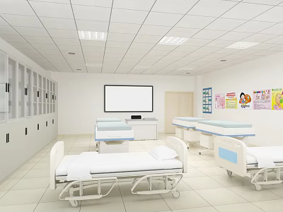 Hospital Ward Interior With Multiple Beds Lockers Large Screen And Posters 3d model