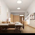 Modern Hospital Ward Interior With Medical Bed Bedside Table Cabinet Paintings Plant And Warm Lighting