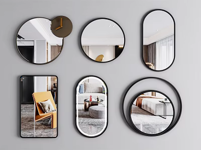 Various Shaped Mirrors with Black Brown Frames Reflecting Interior Home Decor Scenes 3d model