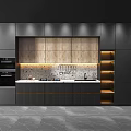 Modern Kitchen Interior With Gray Cabinets Wooden Backsplash And Lighting 3d model