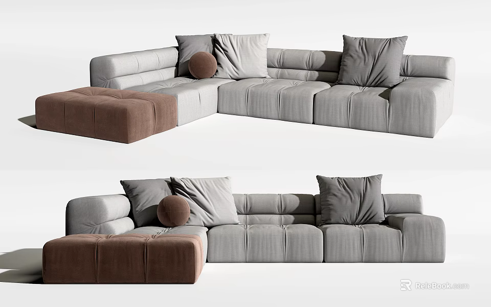 Plush Modern Sectional Sofa With Gray Brown Pillows And Ottoman 3d model