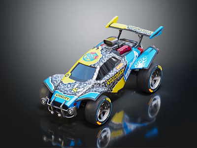 Colorful Blue And Yellow Toy Racing Car With Large Wheels Rear Wing And Decals 3d model