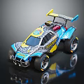 Colorful Blue And Yellow Toy Racing Car With Large Wheels Rear Wing And Decals