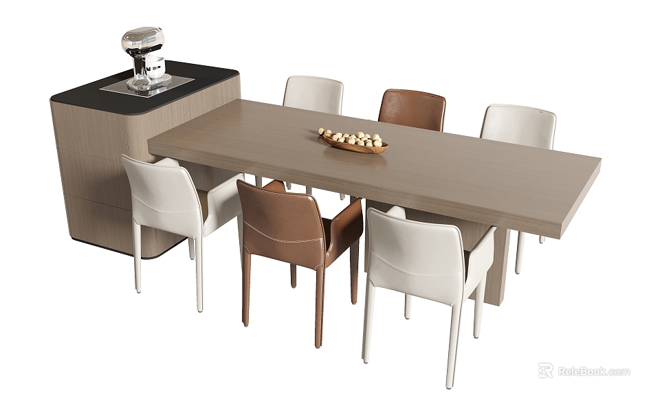 Modern Wooden Dining Table And Chairs Set With White Brown Chairs And Coffee Machine 3d model 