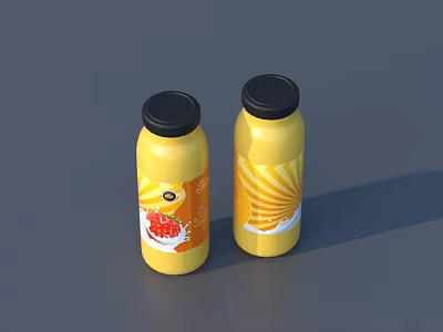 Two Yellow Ceramic Bottles With Black Lids And Fruit Pattern Labels 3d model