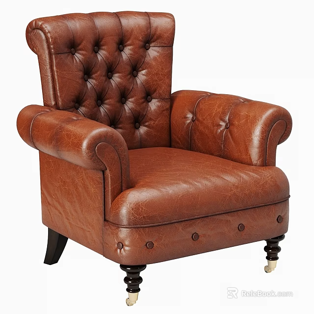 Brown Leather Leisure Chair With Tufted Back Rolled Arms And Black Wooden Legs 3d model 
