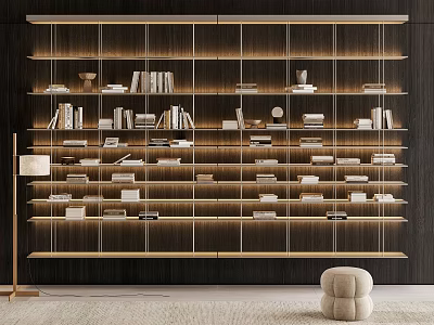 Modern Illuminated Wooden Bookshelf With Multi Layer Design And Decorative Items 3d model
