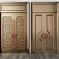 Chinese Style Double Doors With Intricate Carved Patterns Golden Metal Finish And Fortune Symbol