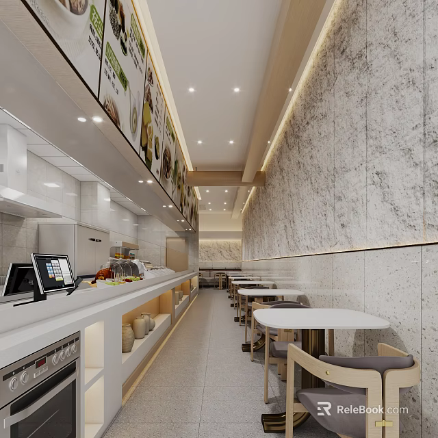 Bright Modern Restaurant Interior With Open Kitchen Marble Walls Dining Tables And Bar Counter 3d model 