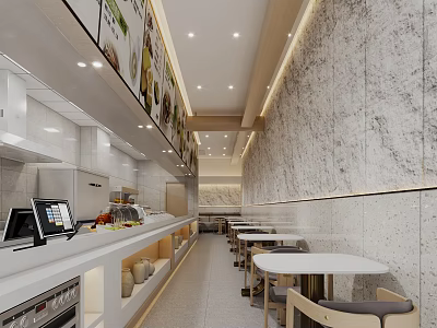 Bright Modern Restaurant Interior With Open Kitchen Marble Walls Dining Tables And Bar Counter 3d model
