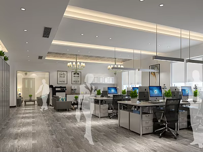 Spacious Modern Public Office Space Featuring Desks Computers Green Plants And Chandeliers 3d model