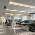 Spacious Modern Public Office Space Featuring Desks Computers Green Plants And Chandeliers