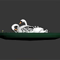 Swan Family On Green Circular Platform With Lotus Leaves And Cygnets