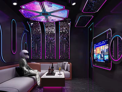 Modern KTV Room With Neon Lights Starry Ceiling Sofa TV Screen And Spacesuit Figure 3d model